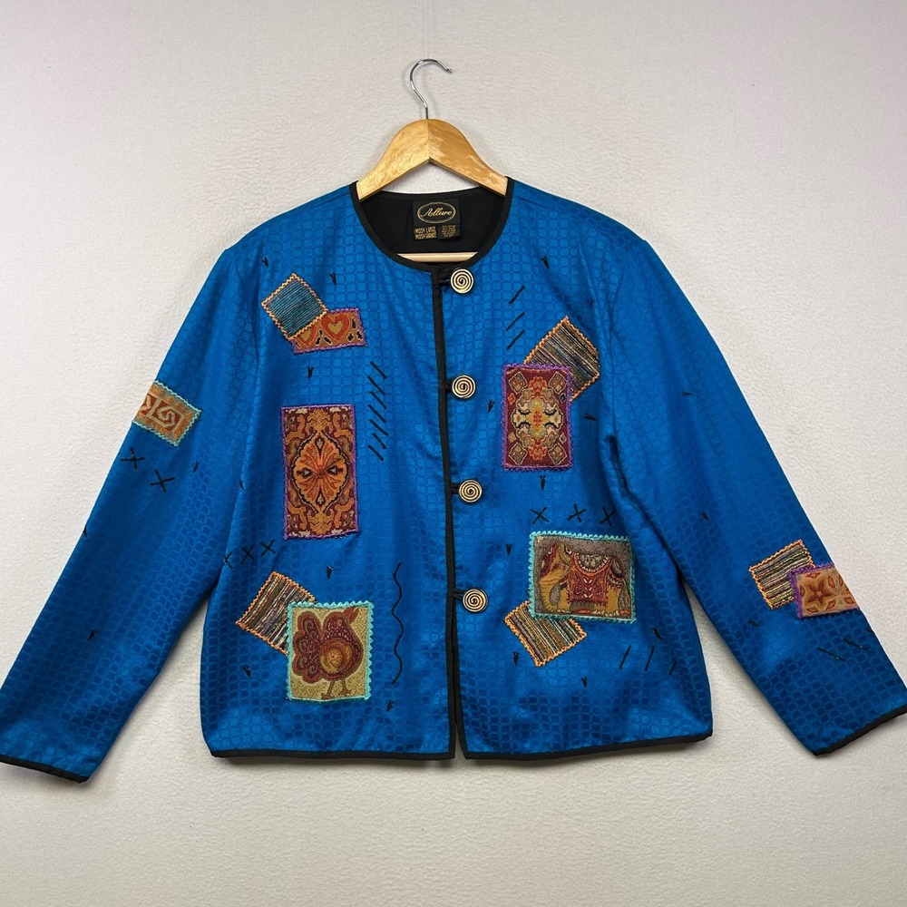 Artsy Allure Womens Large Blue Patchwork Artisan Tapestry Spiral Button Jacket